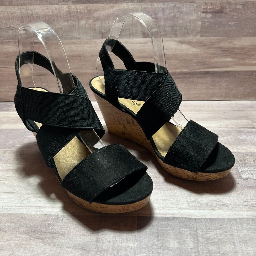 American Eagle Womens Black Wedge Sandals With Cork Heel Size 8